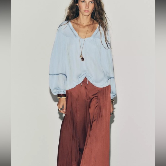 Zara Light Blue Blouse LADDER STITCH FLOWING BLOUSE - Picture 5 of 12